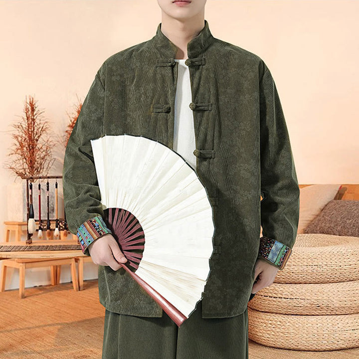 Buddha Stones Plain Plum Blossom Pattern Long Sleeve Men's Cotton Corduroy Tang Suit Jacket - image 3