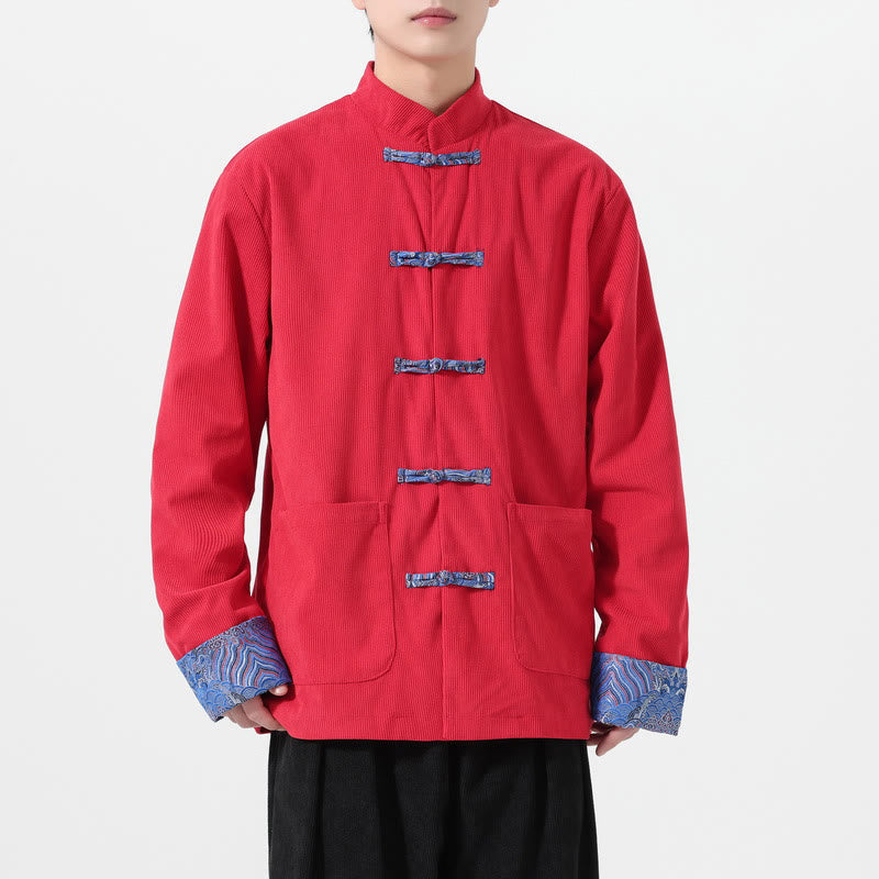 Buddha Stones Floral Design Long Sleeve Men's Cotton Corduroy Tang Suit Jacket With Pockets - image 1