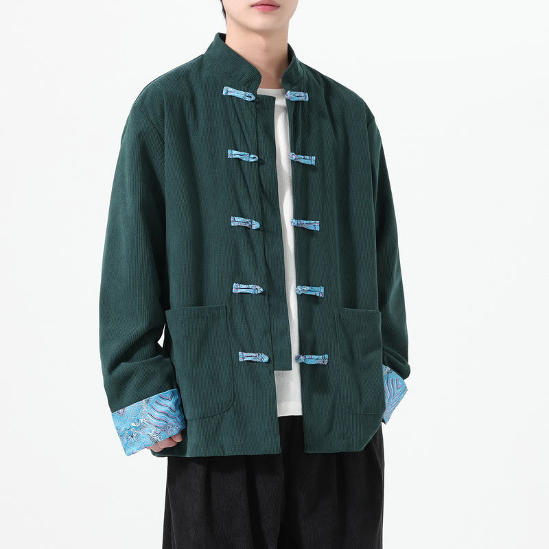 Buddha Stones Floral Design Long Sleeve Men's Cotton Corduroy Tang Suit Jacket With Pockets - Teal - US/UK/AU46，EU56 (5XL) - image 13