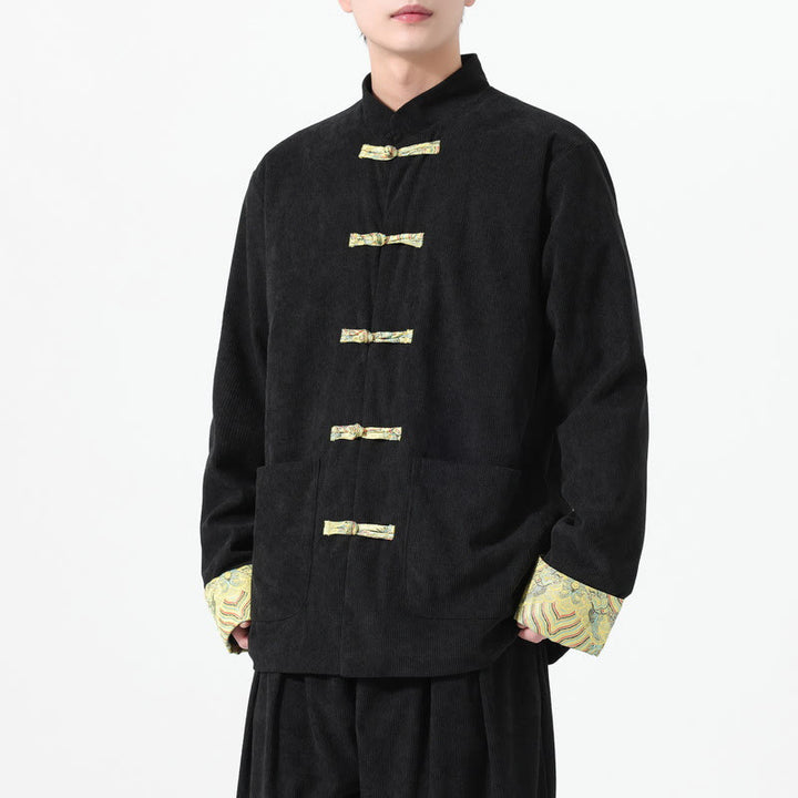 Buddha Stones Floral Design Long Sleeve Men's Cotton Corduroy Tang Suit Jacket With Pockets - image 7