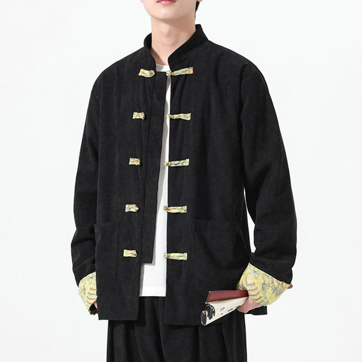 Buddha Stones Floral Design Long Sleeve Men's Cotton Corduroy Tang Suit Jacket With Pockets - image 10