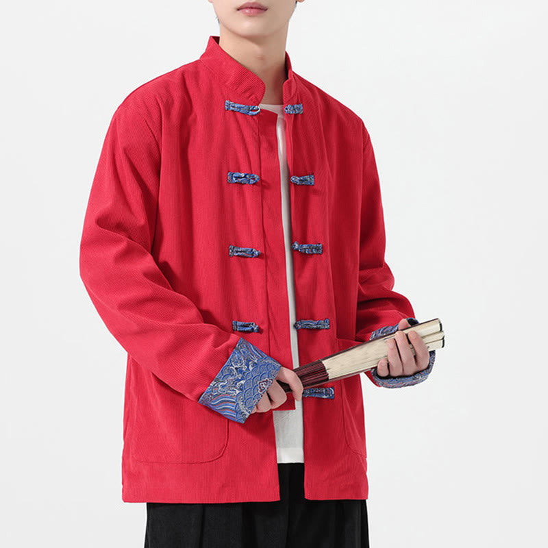 Buddha Stones Floral Design Long Sleeve Men's Cotton Corduroy Tang Suit Jacket With Pockets - Red - US/UK/AU46，EU56 (5XL) - image 0