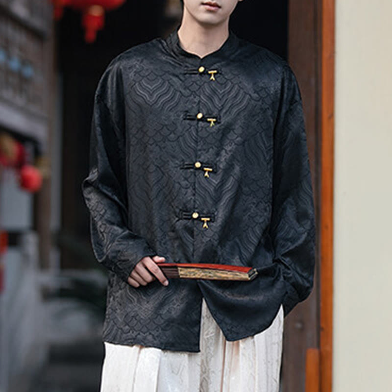 Buddha Stones Chinese Frog-Button Bamboo Shape Design Stand Collar Men's Long Sleeve Shirt - image 12