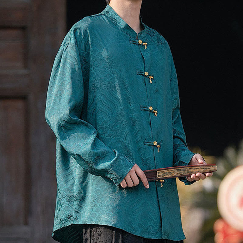 Buddha Stones Chinese Frog-Button Bamboo Shape Design Stand Collar Men's Long Sleeve Shirt - image 30