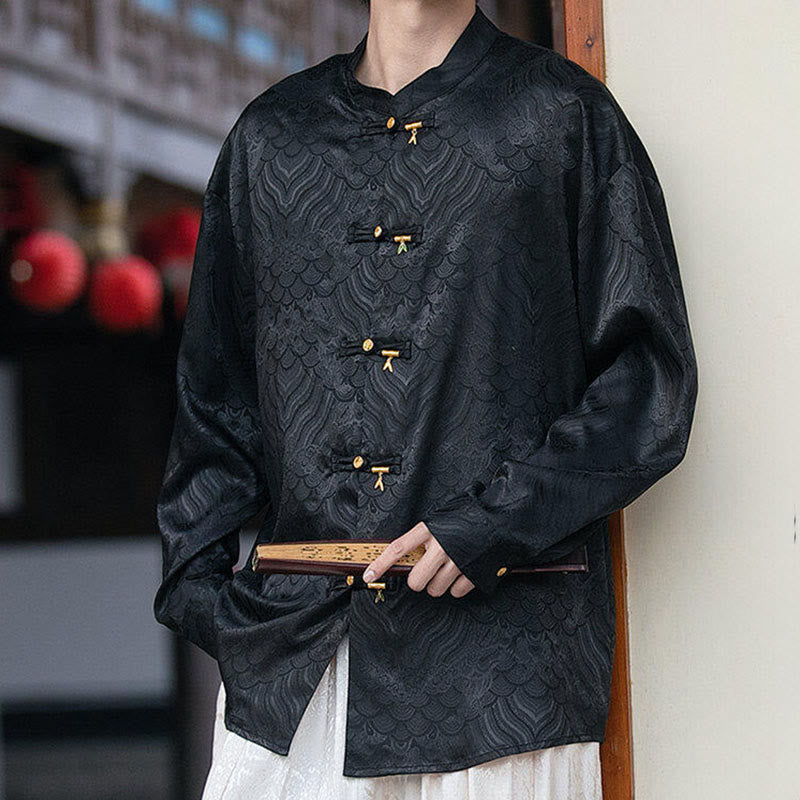 Buddha Stones Chinese Frog-Button Bamboo Shape Design Stand Collar Men's Long Sleeve Shirt - image 13