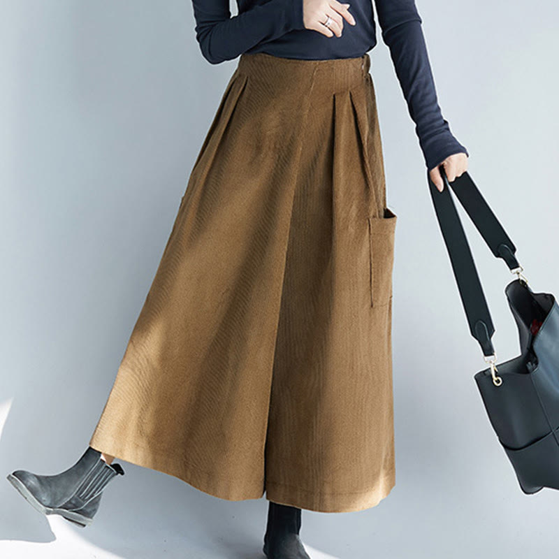 Buddha Stones Women's Plain Side Zipper Design Wide Leg Corduroy 7-8 Length Pants With Pockets - image 2