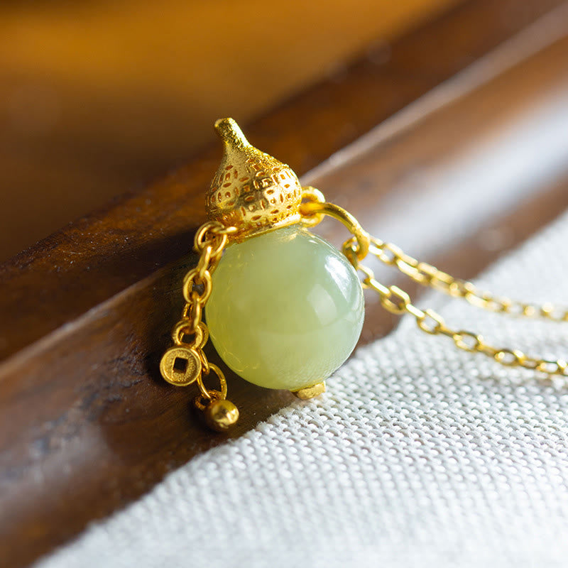 Buddha Stones 925 Sterling Silver Gourd Hetian Jade Luck Abundance Pendant Necklace - image 1