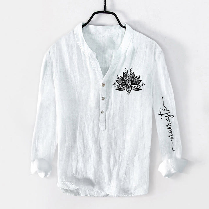 Buddha Stones Lotus Pattern Half Buttons Men's Cotton Linen Long Sleeve Shirt - White - US/UK/AU50，EU60 (5XL) - image 6