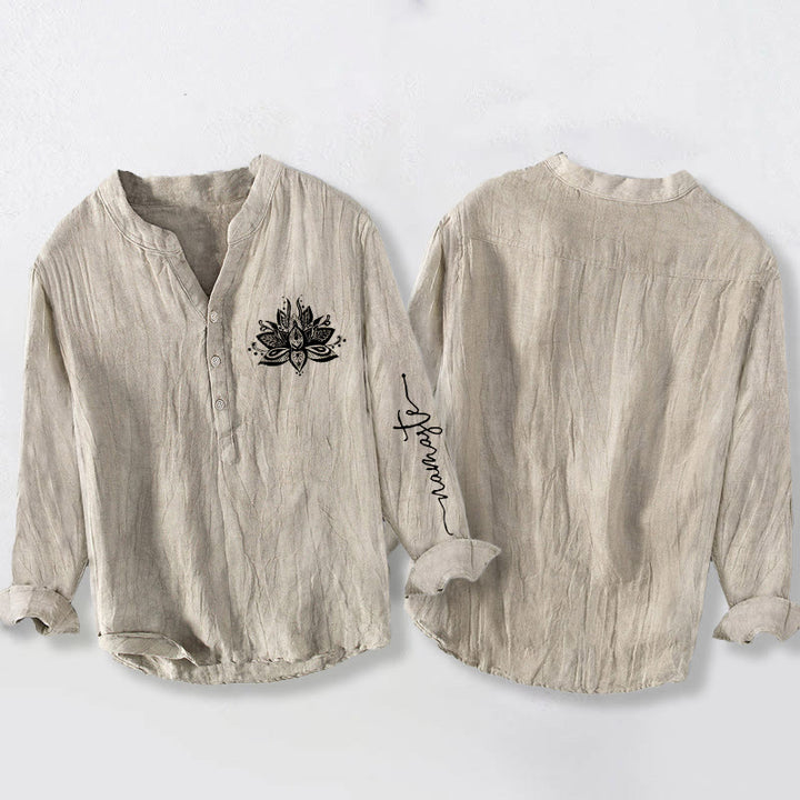 Buddha Stones Lotus Pattern Half Buttons Men's Cotton Linen Long Sleeve Shirt - image 2