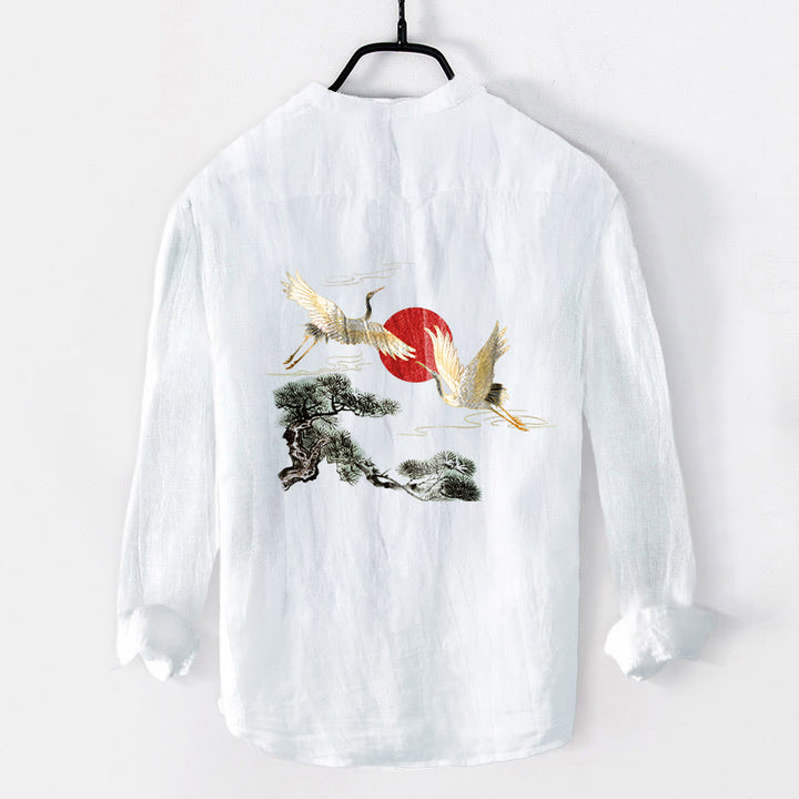 Buddha Stones Crane Red Sun Pine Tree Pattern Half Buttons Men's Cotton Linen Long Sleeve Shirt - image 8