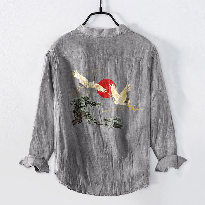 Buddha Stones Crane Red Sun Pine Tree Pattern Half Buttons Men's Cotton Linen Long Sleeve Shirt - image 2