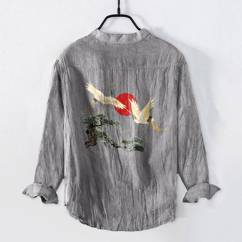 Buddha Stones Crane Red Sun Pine Tree Pattern Half Buttons Men's Cotton Linen Long Sleeve Shirt - image 2
