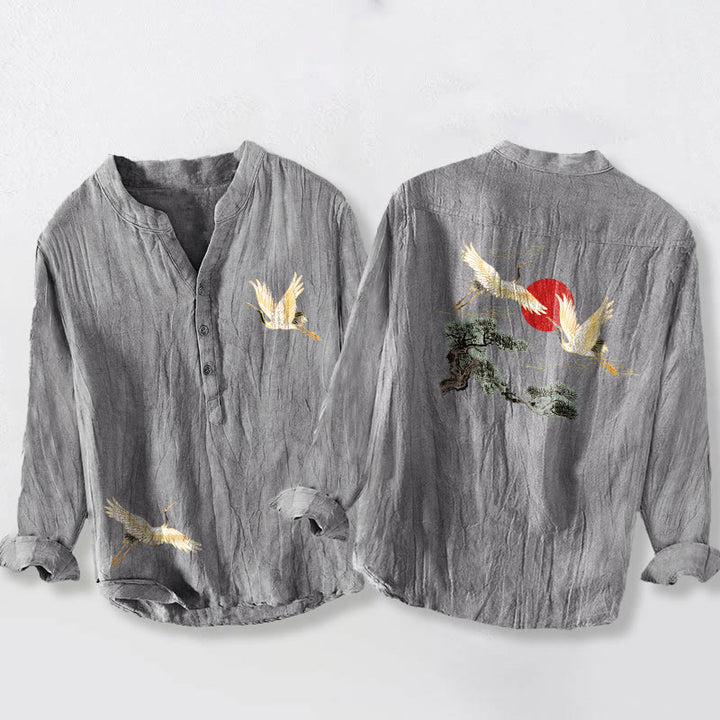 Buddha Stones Crane Red Sun Pine Tree Pattern Half Buttons Men's Cotton Linen Long Sleeve Shirt - Gray - US/UK/AU50，EU60 (5XL) - image 0