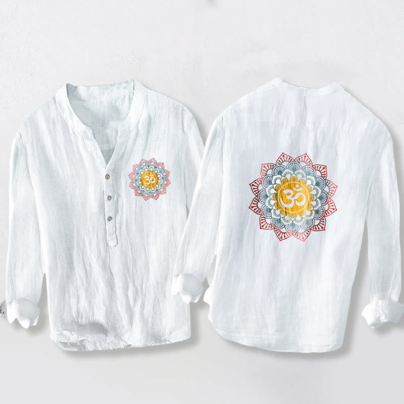 Buddha Stones Half Buttons Mandala Om Symbol Pattern Men's Cotton Linen Long Sleeve Shirt - White - US/UK/AU50，EU60 (5XL) - image 0