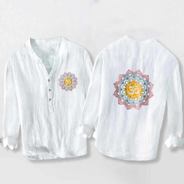 Buddha Stones Half Buttons Mandala Om Symbol Pattern Men's Cotton Linen Long Sleeve Shirt - White - US/UK/AU50，EU60 (5XL) - image 0