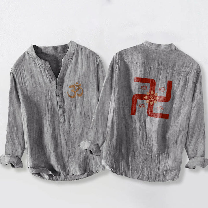 Buddha Stones Half Buttons Lotus Swastika Om Symbol Pattern Men's Cotton Linen Long Sleeve Shirt - Gray - US/UK/AU50，EU60 (5XL) - image 3