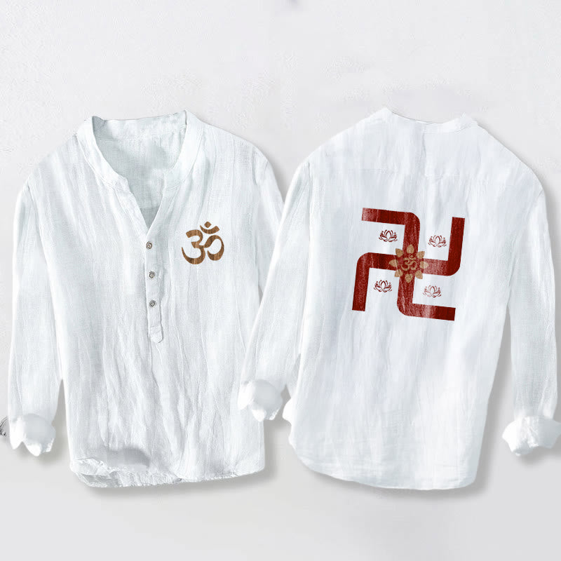 Buddha Stones Half Buttons Lotus Swastika Om Symbol Pattern Men's Cotton Linen Long Sleeve Shirt - White - US/UK/AU50，EU60 (5XL) - image 6