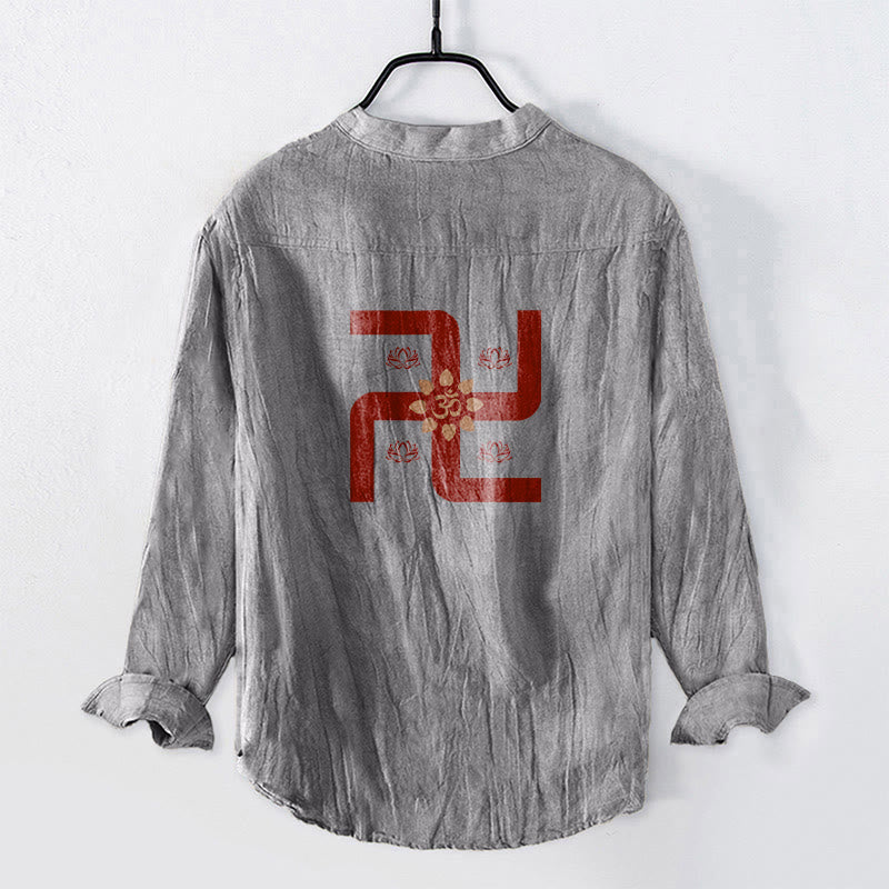 Buddha Stones Half Buttons Lotus Swastika Om Symbol Pattern Men's Cotton Linen Long Sleeve Shirt - image 5