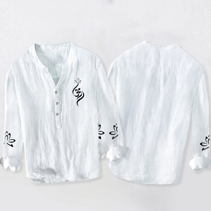 Buddha Stones Half Buttons Lotus Om Symbol Printed Pattern Men's Cotton Linen Long Sleeve Shirt - image 8