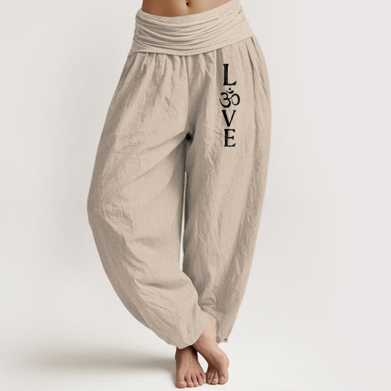 Buddha Stones Plain Om Symbol Pattern Women's Elastic Waist Harem Pure Cotton Pants - Tan - US22，UK/AU26，EU54 (6XL) - image 11