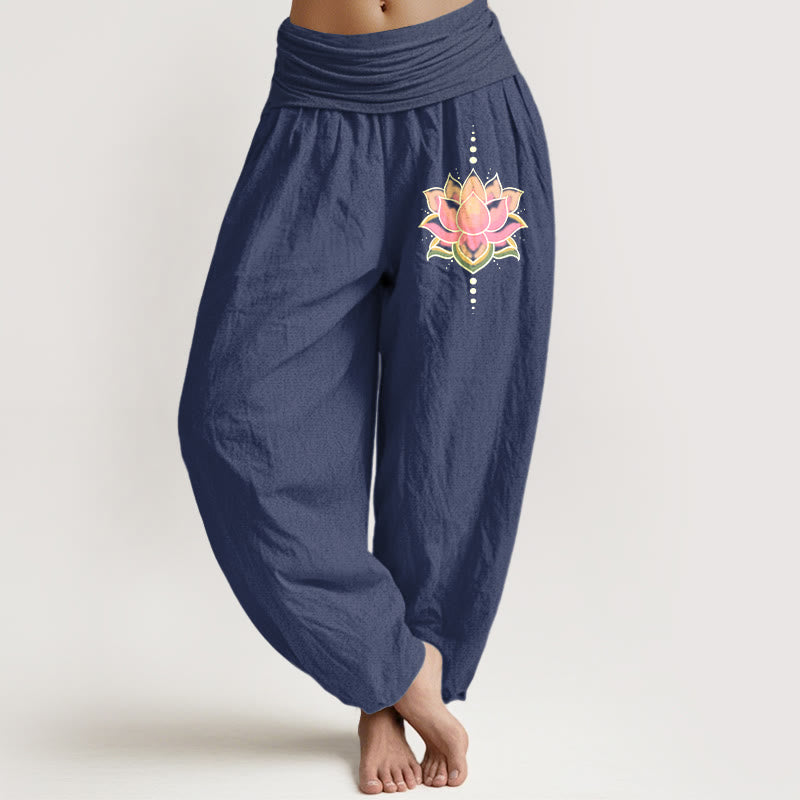 Buddha Stones Pure Cotton Pink Lotus Flower Pattern Women's Elastic Waist Harem Pants - DarkSlateBlue - US22，UK/AU26，EU54 (6XL) - image 8