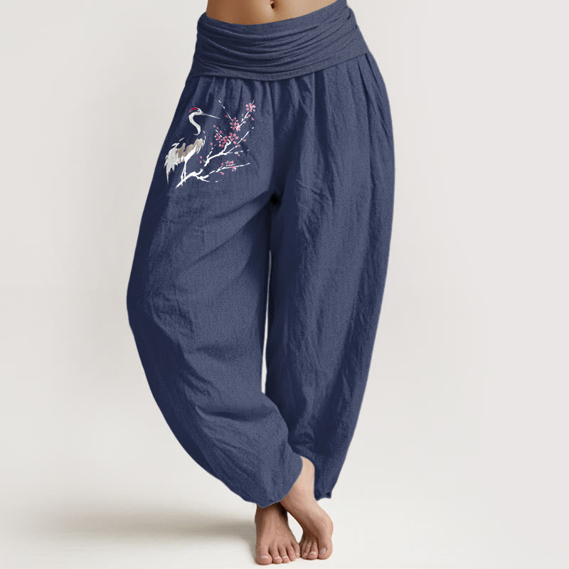 Buddha Stones Crane Blooming Branches Pattern Women's Elastic Waist Harem Pure Cotton Pants - DarkSlateBlue - US22，UK/AU26，EU54 (6XL) - image 0