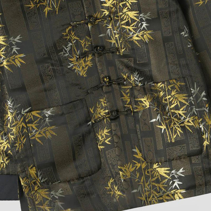 Buddha Stones Golden Bamboo Jacquard Frog-Button Long Sleeve Men's Jacket With Pockets - image 3
