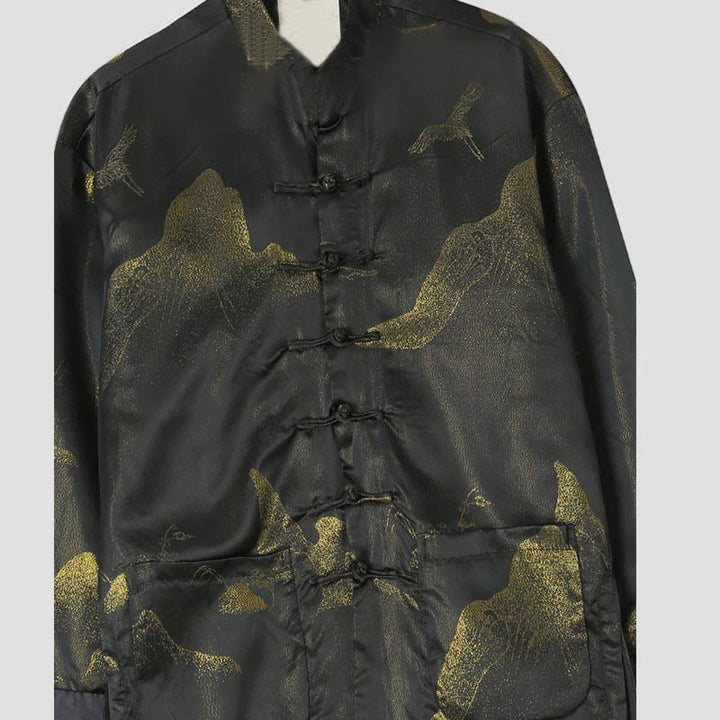 Buddha Stones Cloud-Dyed Golden Mountain Crane Frog-Button Long Sleeve Men's Jacket With Pockets - image 2