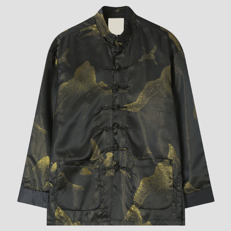 Buddha Stones Cloud-Dyed Golden Mountain Crane Frog-Button Long Sleeve Men's Jacket With Pockets - Black - US/UK/AU44，EU54 (4XL) - image 0