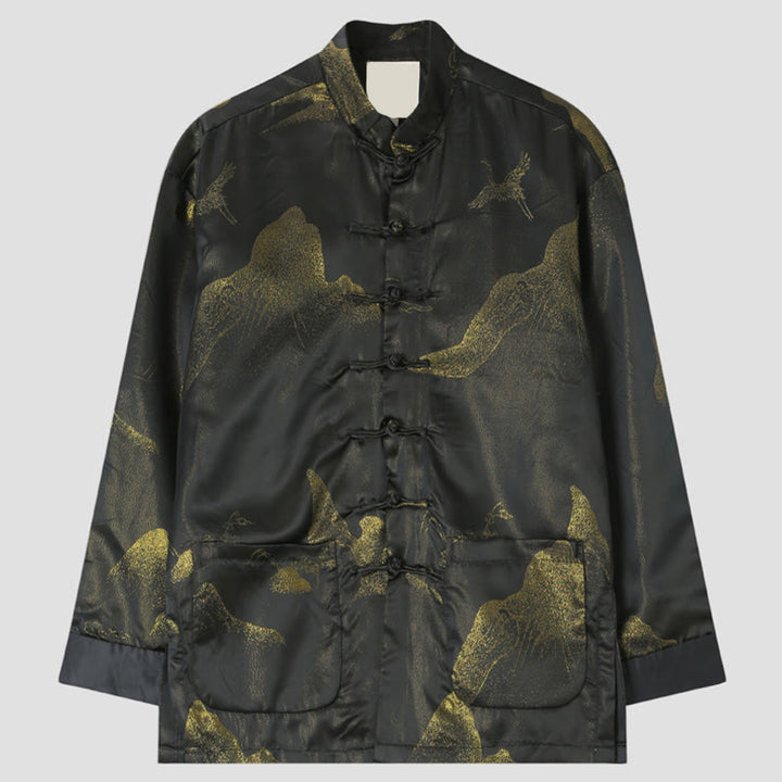 Buddha Stones Cloud-Dyed Golden Mountain Crane Frog-Button Long Sleeve Men's Jacket With Pockets - Black - US/UK/AU44，EU54 (4XL) - image 0