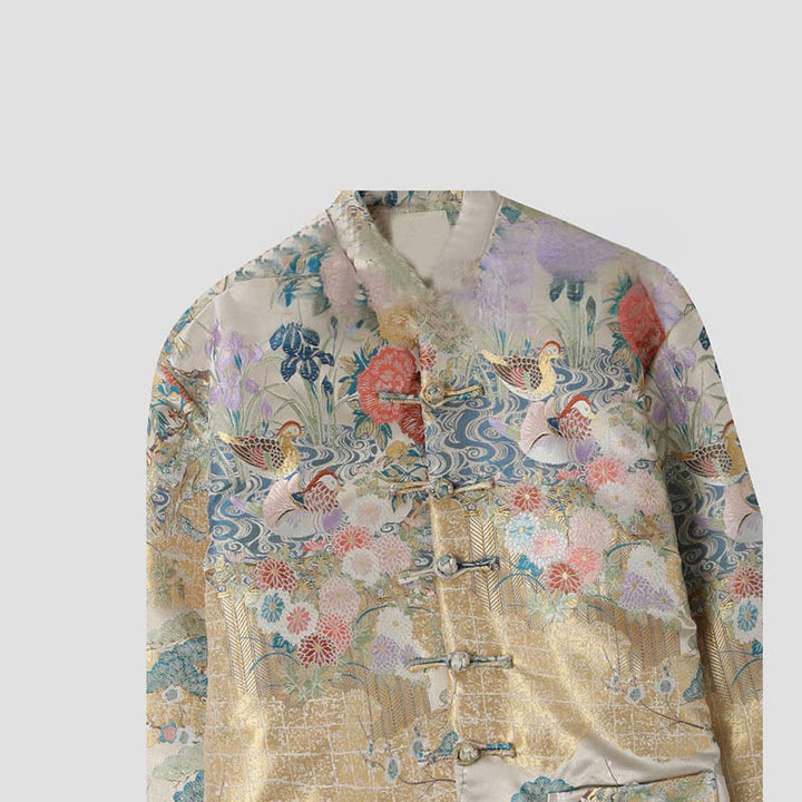 Buddha Stones Mandarin Duck Peony Flower Frog-Button Long Sleeve Men's Jacket With Pockets - image 2