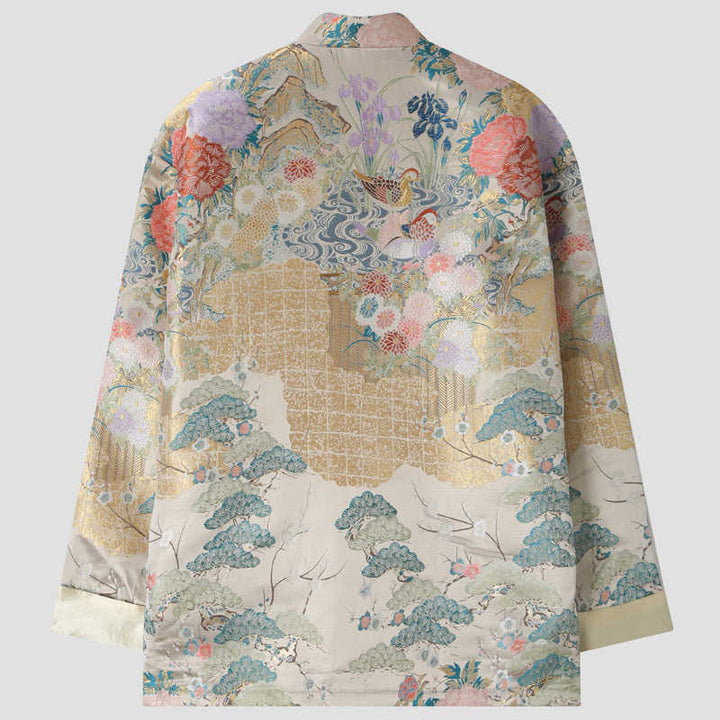 Buddha Stones Mandarin Duck Peony Flower Frog-Button Long Sleeve Men's Jacket With Pockets - image 1