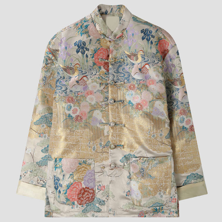 Buddha Stones Mandarin Duck Peony Flower Frog-Button Long Sleeve Men's Jacket With Pockets - Linen - US/UK/AU44，EU54 (4XL) - image 0