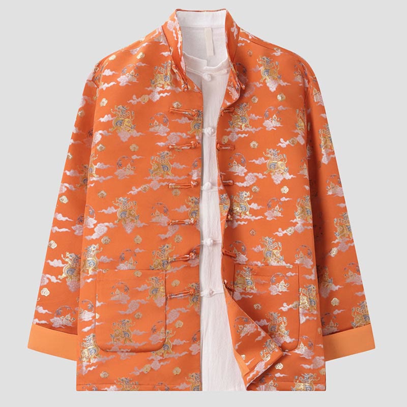 Buddha Stones Orange Kirin Auspicious Clouds Frog-Button Long Sleeve Men's Jacket With Pockets - image 2