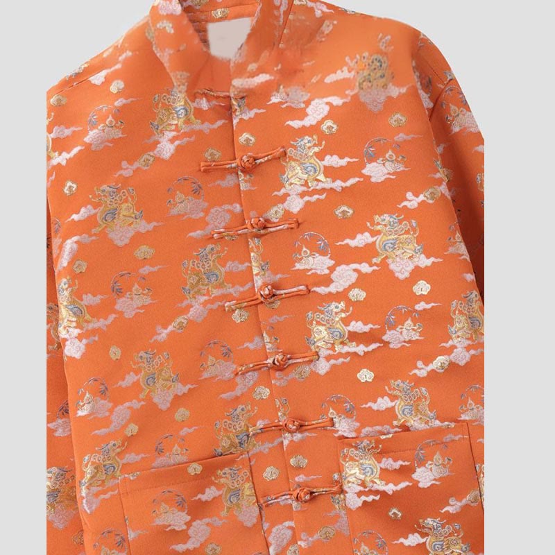 Buddha Stones Orange Kirin Auspicious Clouds Frog-Button Long Sleeve Men's Jacket With Pockets - image 3