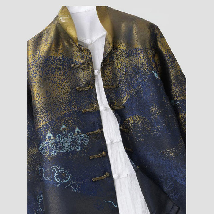Buddha Stones Golden Desert Blue Flowers Frog-Button Long Sleeve Men's Jacket With Pockets - image 3