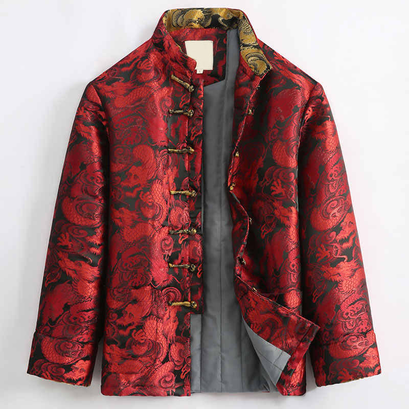 Buddha Stones Winter Dragon Jacquard Warm Frog-Button Long Sleeve Men's Jacket With Pockets - Red - US/UK/AU44，EU54 (4XL) - image 13