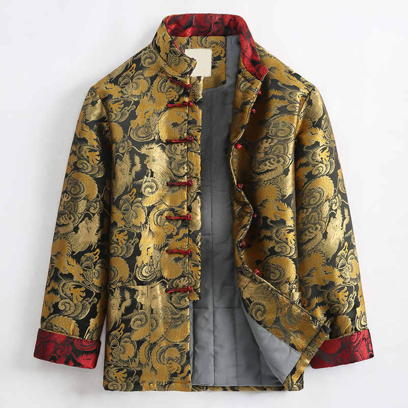 Buddha Stones Winter Dragon Jacquard Warm Frog-Button Long Sleeve Men's Jacket With Pockets - Goldenrod - US/UK/AU44，EU54 (4XL) - image 0