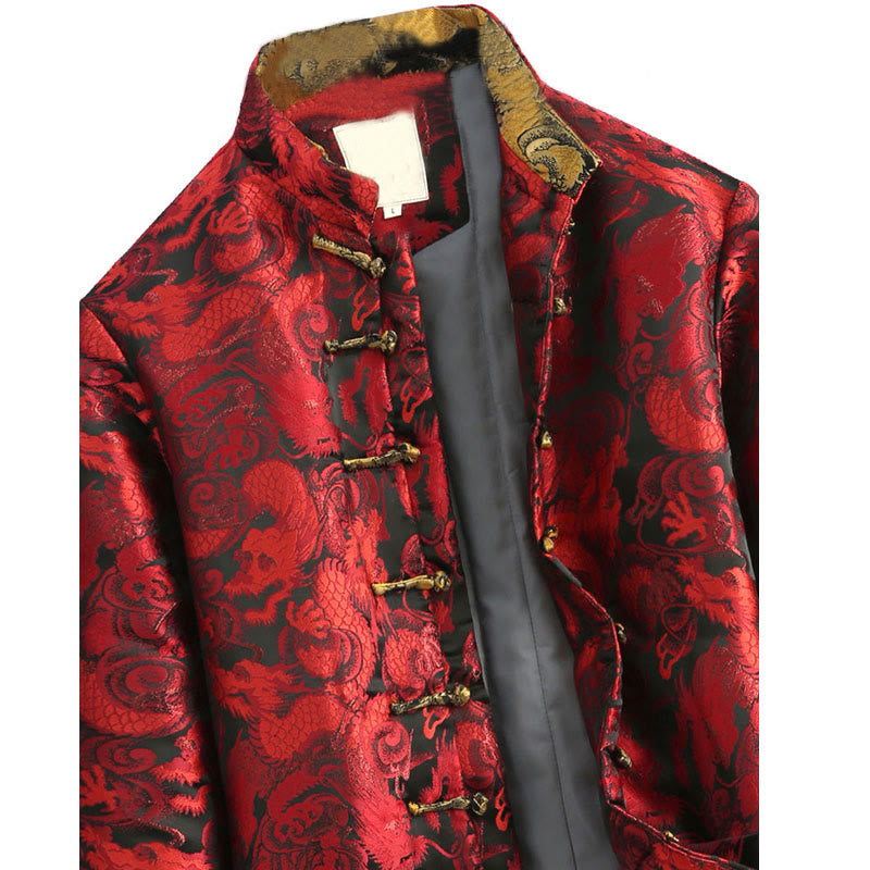 Buddha Stones Winter Dragon Jacquard Warm Frog-Button Long Sleeve Men's Jacket With Pockets - image 16