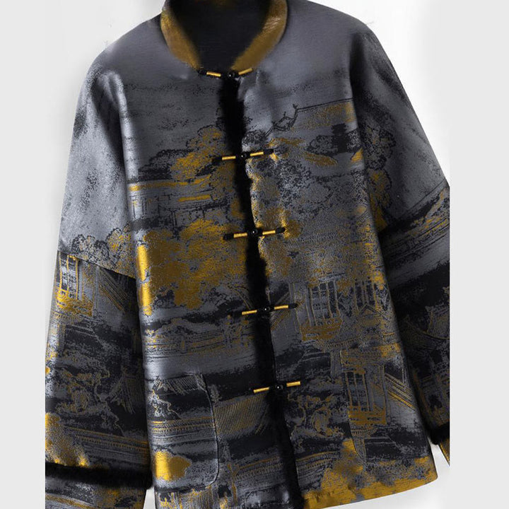 Buddha Stones Ancient Buildings Trees Frog-Button Long Sleeve Men's Jacket With Pockets - image 2