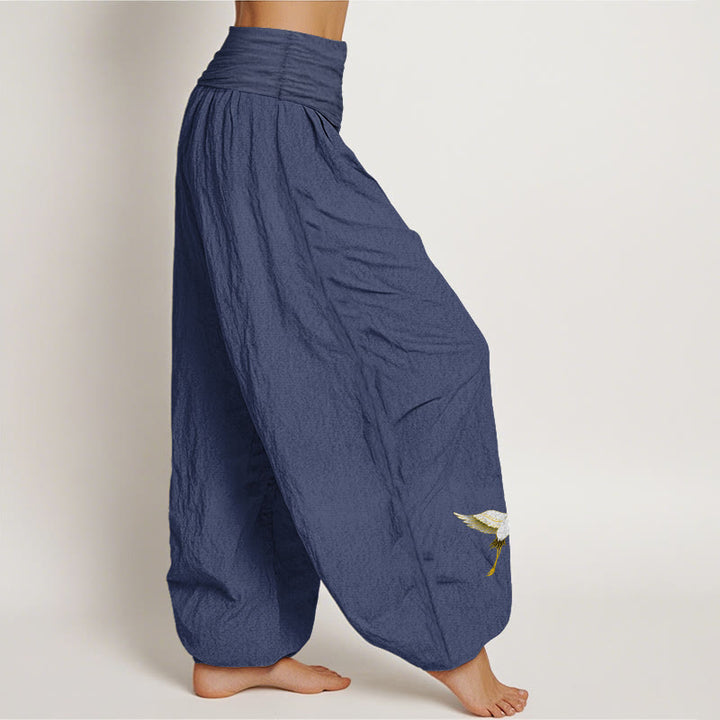 Buddha Stones Plain Crane Peach Blossom Pattern Women's Elastic Waist Harem Pure Cotton Pants - image 6