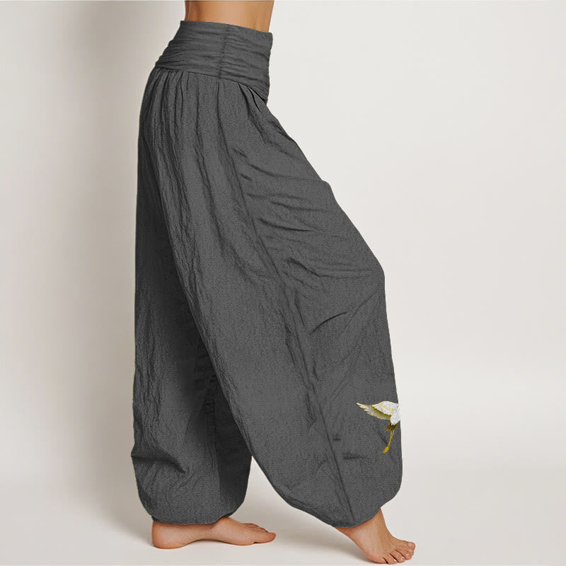 Buddha Stones Plain Crane Peach Blossom Pattern Women's Elastic Waist Harem Pure Cotton Pants - image 9