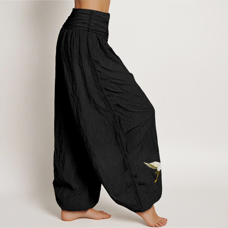 Buddha Stones Plain Crane Peach Blossom Pattern Women's Elastic Waist Harem Pure Cotton Pants - image 1