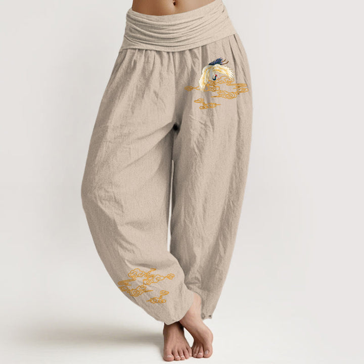Buddha Stones Plain Crane Auspicious Clouds Pattern Women's Elastic Waist Harem Cotton Pants - Tan - US22，UK/AU26，EU54 (6XL) - image 11