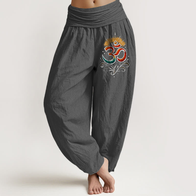 Buddha Stones Om Symbol Light Pattern Women's Elastic Waist Harem Cotton Pants - DimGray - US22，UK/AU26，EU54 (6XL) - image 11