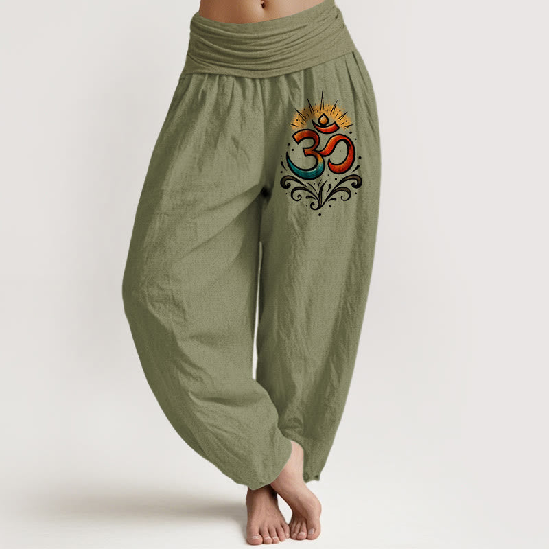 Buddha Stones Om Symbol Light Pattern Women's Elastic Waist Harem Cotton Pants - OliveDrab - US22，UK/AU26，EU54 (6XL) - image 14