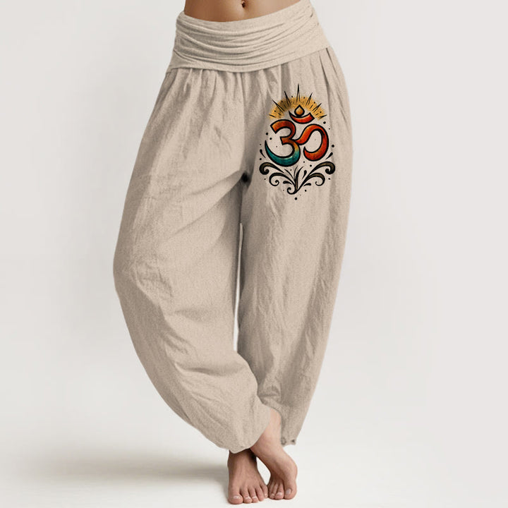Buddha Stones Om Symbol Light Pattern Women's Elastic Waist Harem Cotton Pants - Tan - US22，UK/AU26，EU54 (6XL) - image 0