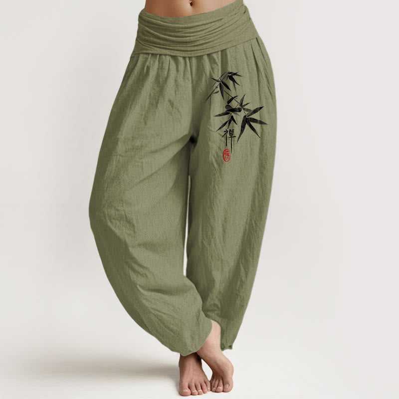 Buddha Stones Pure Cotton Bamboo Zen Pattern Women's Elastic Waist Harem Pants - OliveDrab - US22，UK/AU26，EU54 (6XL) - image 14