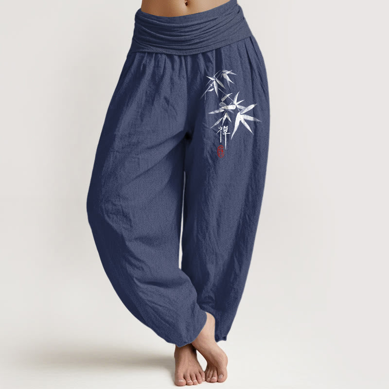 Buddha Stones Pure Cotton Bamboo Zen Pattern Women's Elastic Waist Harem Pants - DarkSlateBlue - US22，UK/AU26，EU54 (6XL) - image 8