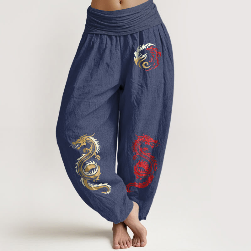 Buddha Stones Pure Cotton Dragon Pattern Women's Elastic Waist Harem Pants - DarkSlateBlue - US22，UK/AU26，EU54 (6XL) - image 5